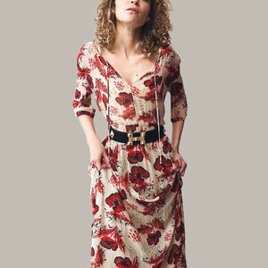 MAX&Co. Re-Edit Sheer Floral Midi Dress – Small‎ – Beige Red Print – $395